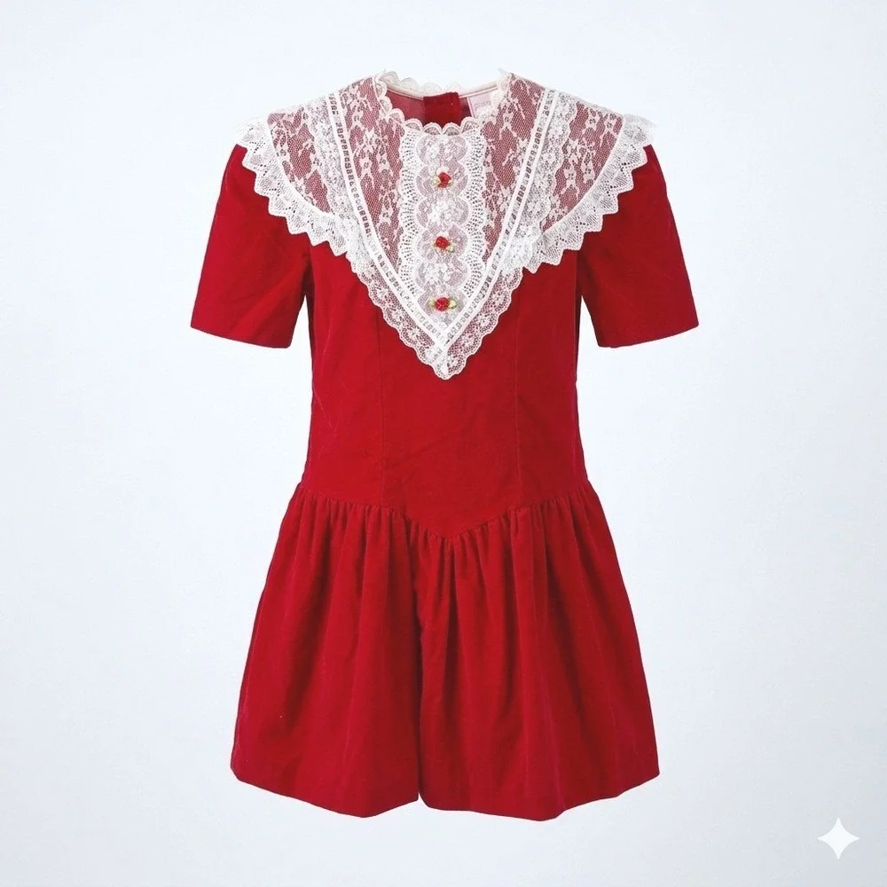 Vintage Picture Perfect Red Velvet Lace Collar Dress Girls Size 10 USA Holiday